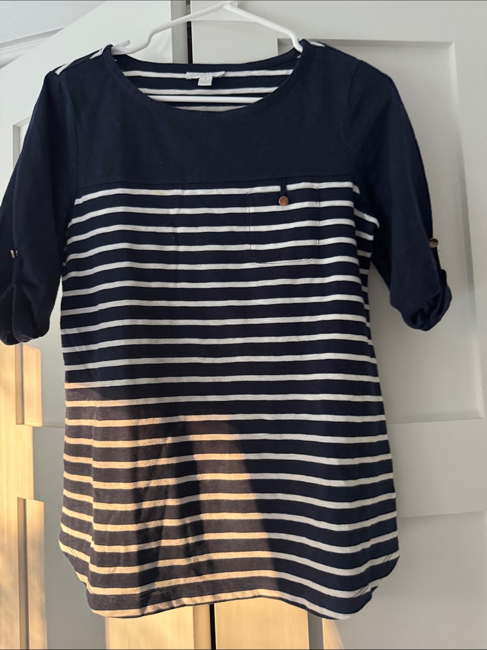 Charter Club Navy and White Striped Boatneck Top
